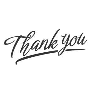 Thank you lettering in black type on white background.